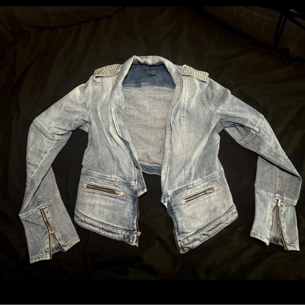 Guess Light Blue Denim Jacket with Zipper Details